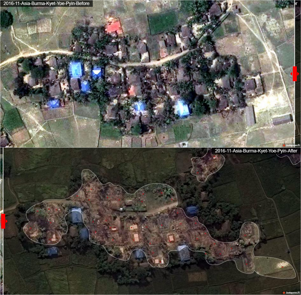 Door satellietfotos te vergelijken is de vernietiging van moslimdorpen duidelijk zichtbaar.