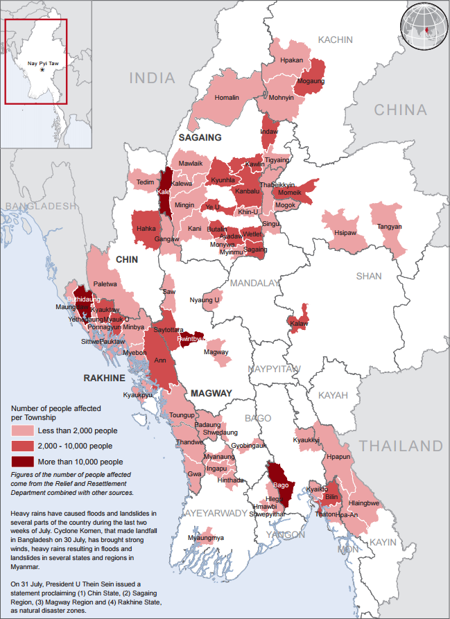 Overzicht overstromingen Myanmar door UN / OCHA