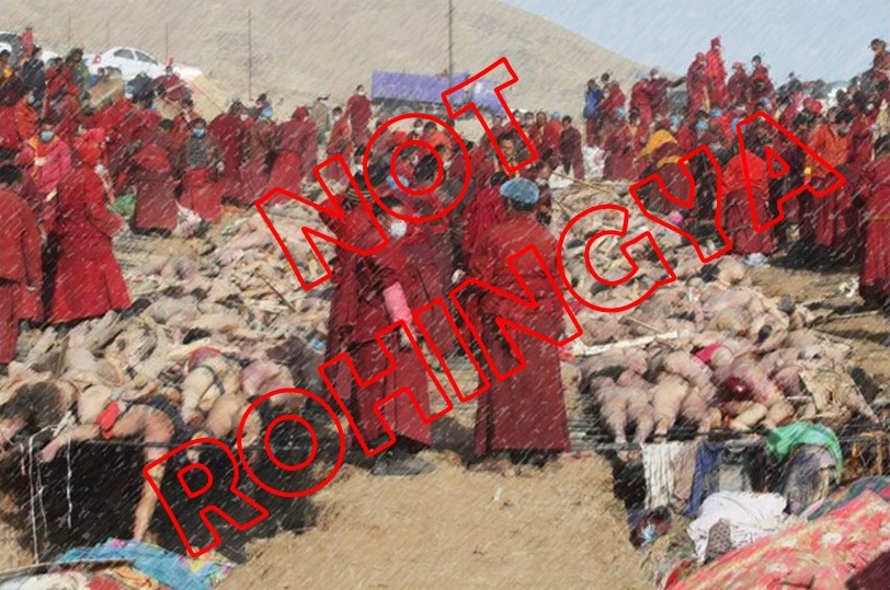 Op 14 april werd Yushu (Qinghai, China) getroffen door een zware aardbeving. Overeenkomstig hun culturele gebruiken werden de vele slachtoffers enkele dagen later door de rouwende Tibetaanse monniken gecremeerd. Deze foto heeft NIETS met de Rohingya te maken.