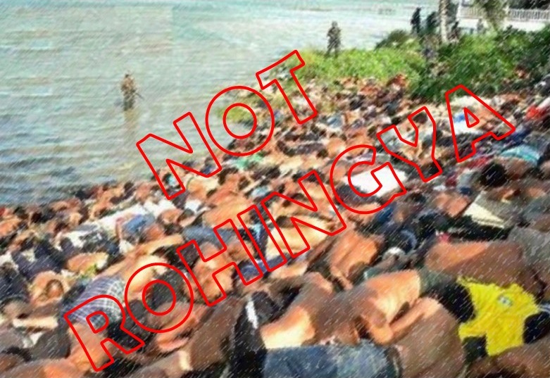 Op 25 oktober 2004 vond in Thailand het 'Tak Bai incident' plaats. Na protesten werden ruim 1.300 demonstranten gearresteerd en afgevoerd. Er zijn diverse foto's die rond gaan van de (levende!) demonstranten die op de grond liggen. Deze foto heeft NIETS met de Rohingya te maken.