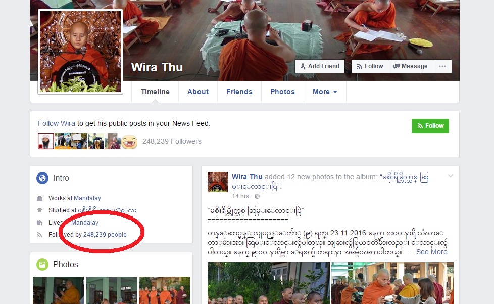 De radicale monnik Wirathu gebruikt Facebook om zijn hate speech te verspreiden naar duizenden volgelingen in/om Myanmar.